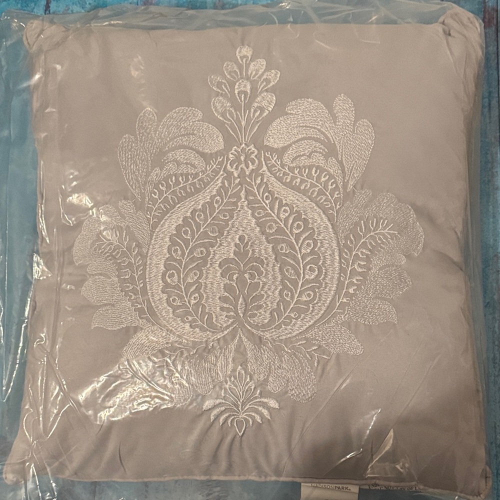 Madison Park Gray Pillow Embroidery Design Square Throw Pillow Bed Couch 15 inch